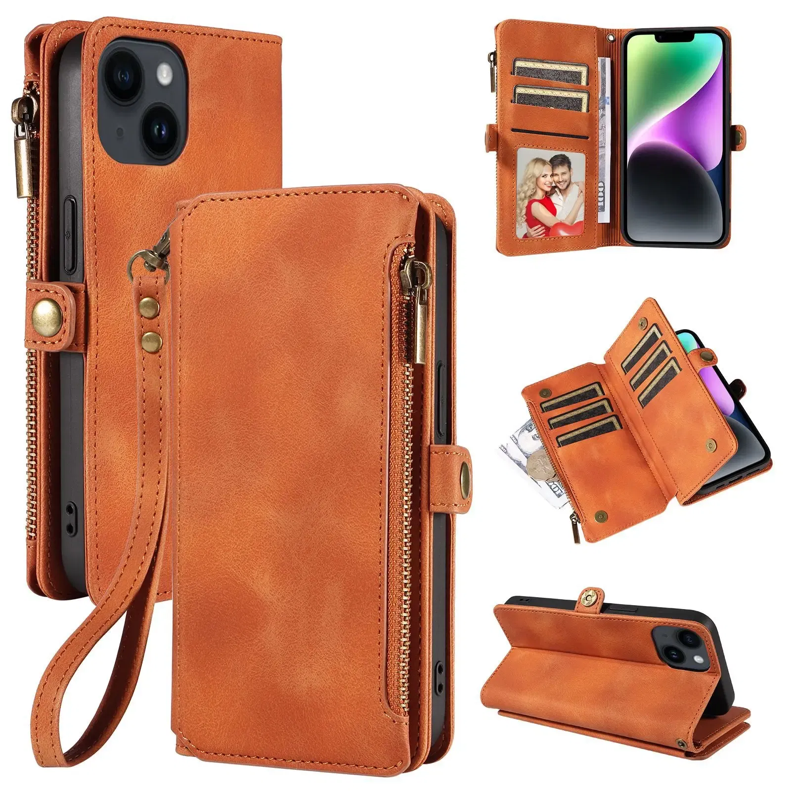 Color: Brown, Material: POLYESTER - Zipper Multi 9 Cards Wallet Case for OPPO Reno 12 10 8 7 6 5 Pro 11F 11A 8T 6Z 5Z Retro Leather Lanyard Wrist Strap Phone Cover