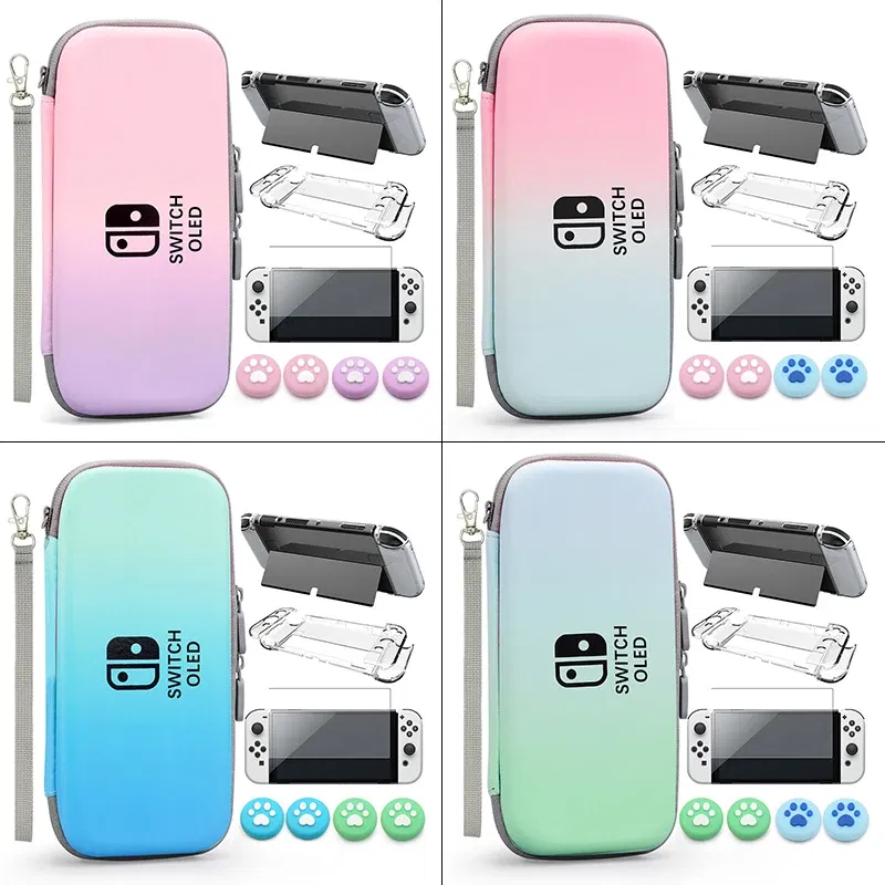 Color: Gold - Case Kit For Nintend Switch OLED Console Carrying Case Protective Pouch Hard Shell Clear Cover For Switch Oled WIth Film Glass