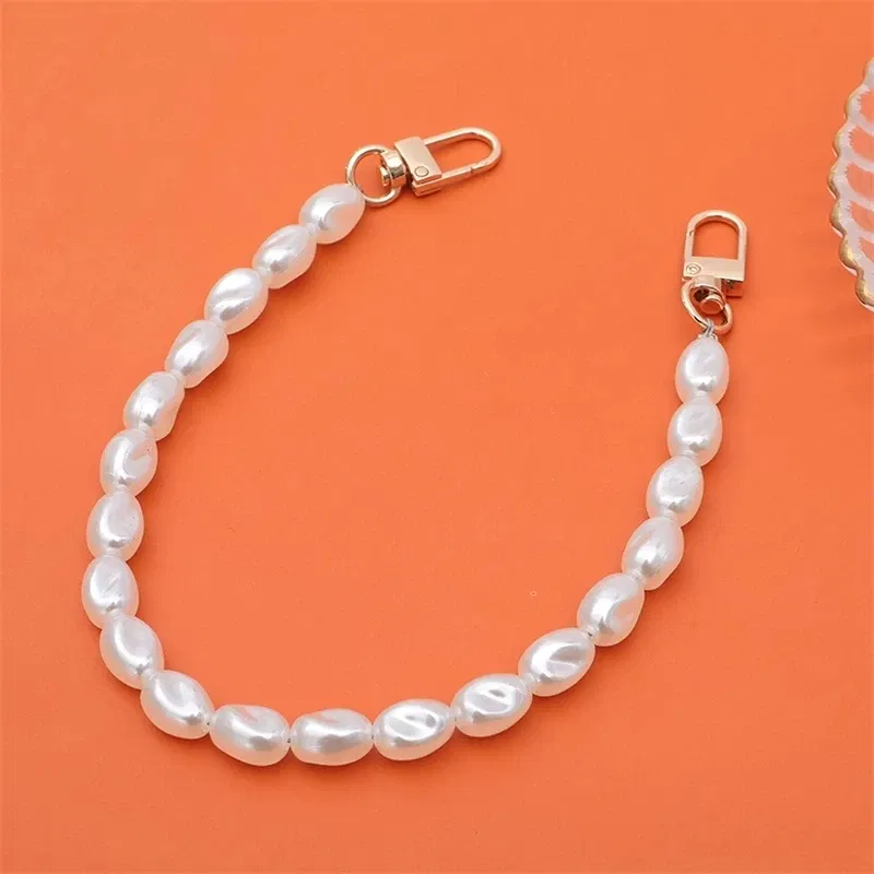 Color: Lotus root color, Bundle: Case & Strap, Material: Polyester - Pearl Bracelet Wrist Chain Phone Case For iPhone 13 12 11 14 15 Pro Max XR X XS Mini 7 8 Plus SE Transparent Hard Acrylic Cover