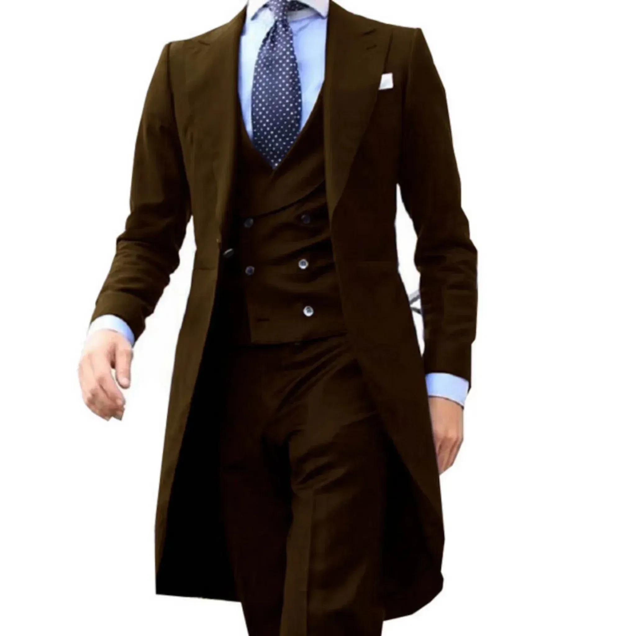 Color: Brown, Size: L - Elegant man suit Slim Fit Suit Luxury Formal Tuxedos Wedding 3 Pieces Blazer Vest Pants Set Long Tail Coat One Button Custom