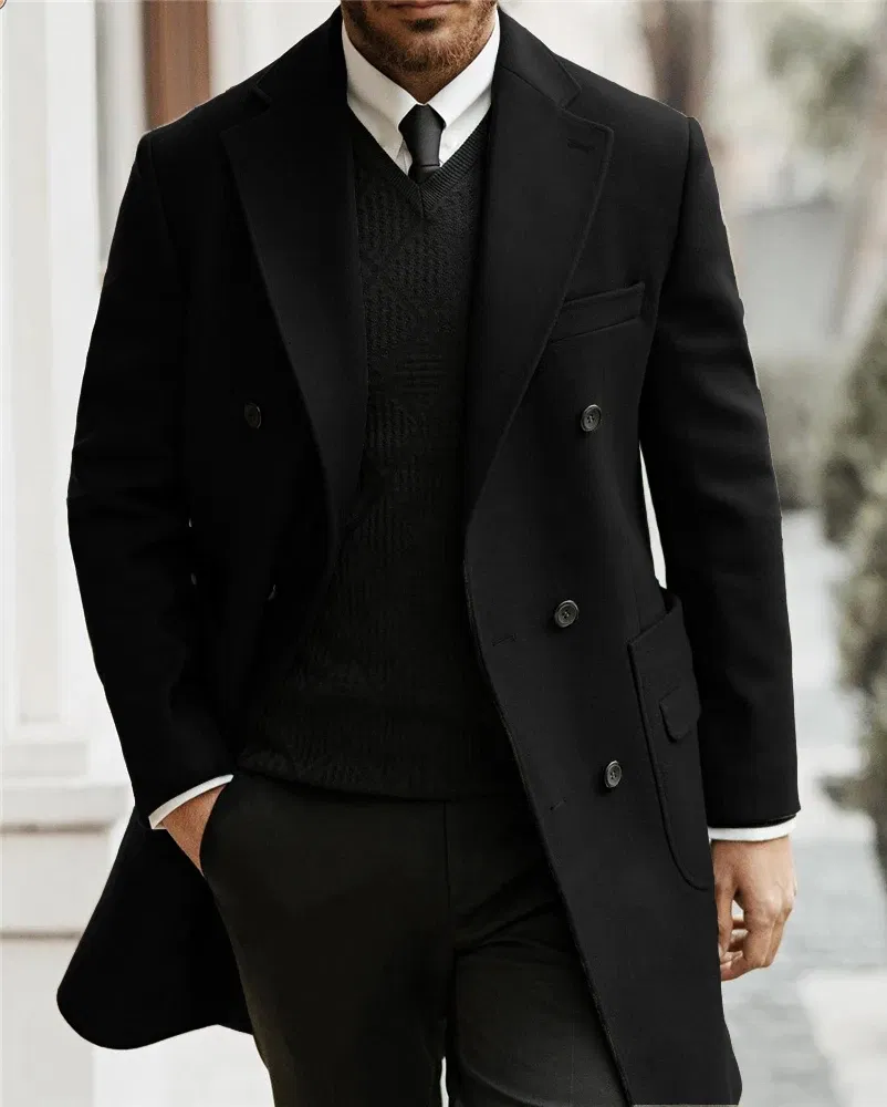 Color: black, Size: XS - Classic Man Trench Coat Customized Notched Lapel Full Man Terno Double Breasted Elegant Gentleman Long Coat Men's Winter Jacket