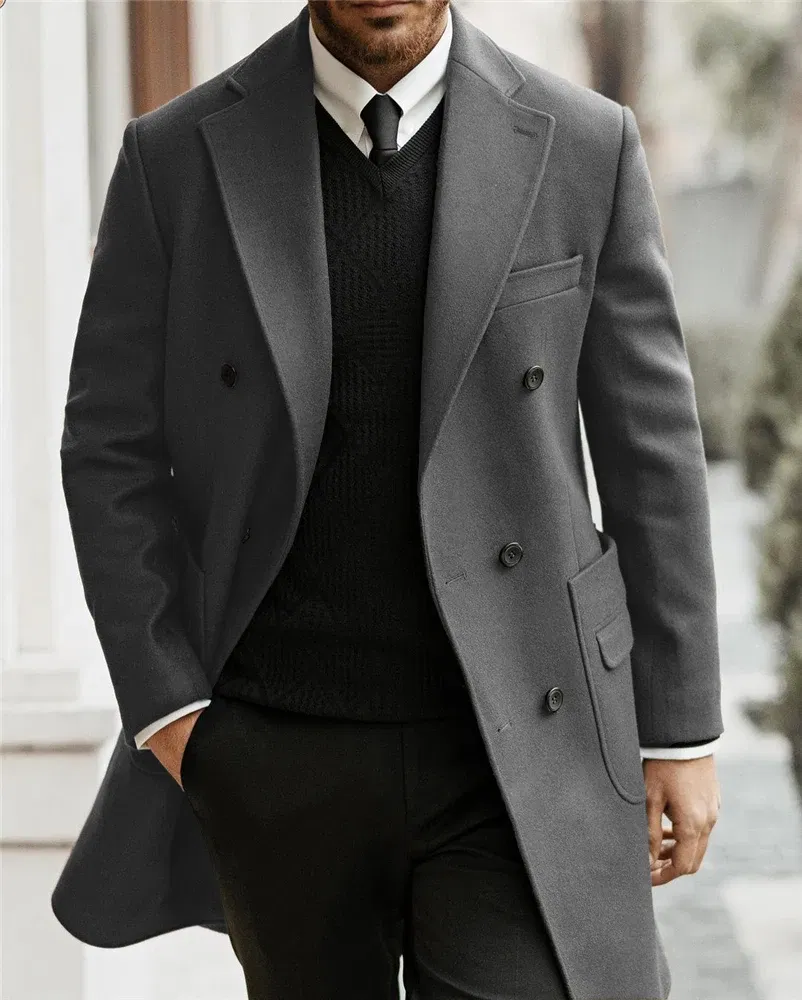 Color: black, Size: XS - Classic Man Trench Coat Customized Notched Lapel Full Man Terno Double Breasted Elegant Gentleman Long Coat Men's Winter Jacket