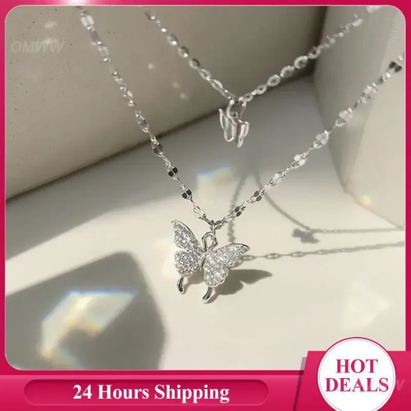 Metal Color: RED-BROWN, Ships From: CHINA - Necklace Unique Design Exquisite Sparkling Pendant Necklace Flash Double Layer Butterfly Pendant Joker Necklace