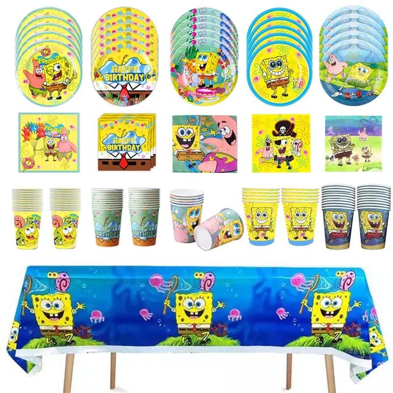 Color: Pink - SpongeBob Party Decorations Disposable Tableware Cup Baby Shower Birthday Theme Plate Tablecloth Kids Birthday Party