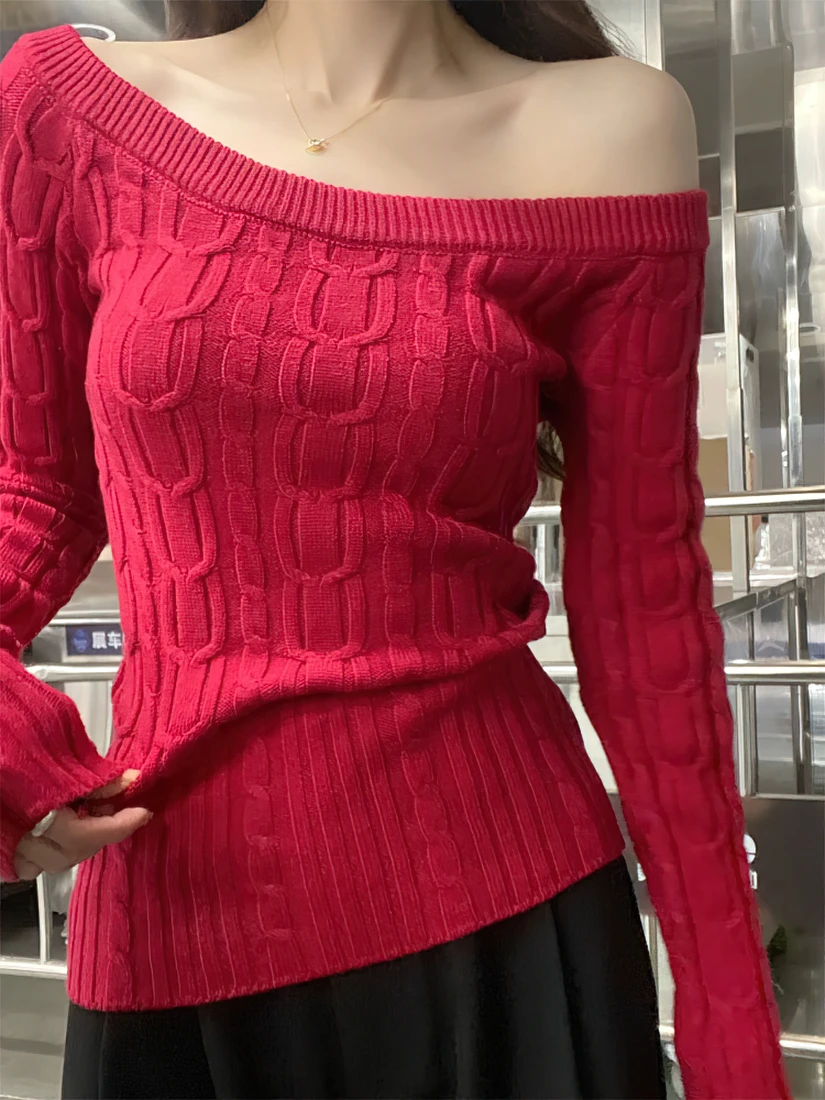 Color: black, Size: L - Casual Off shoulder Rib Knit Sweater Pull Women Long sleeve Top Basic Tees White Slim Pullovers Lady Sexy One Shoulder New