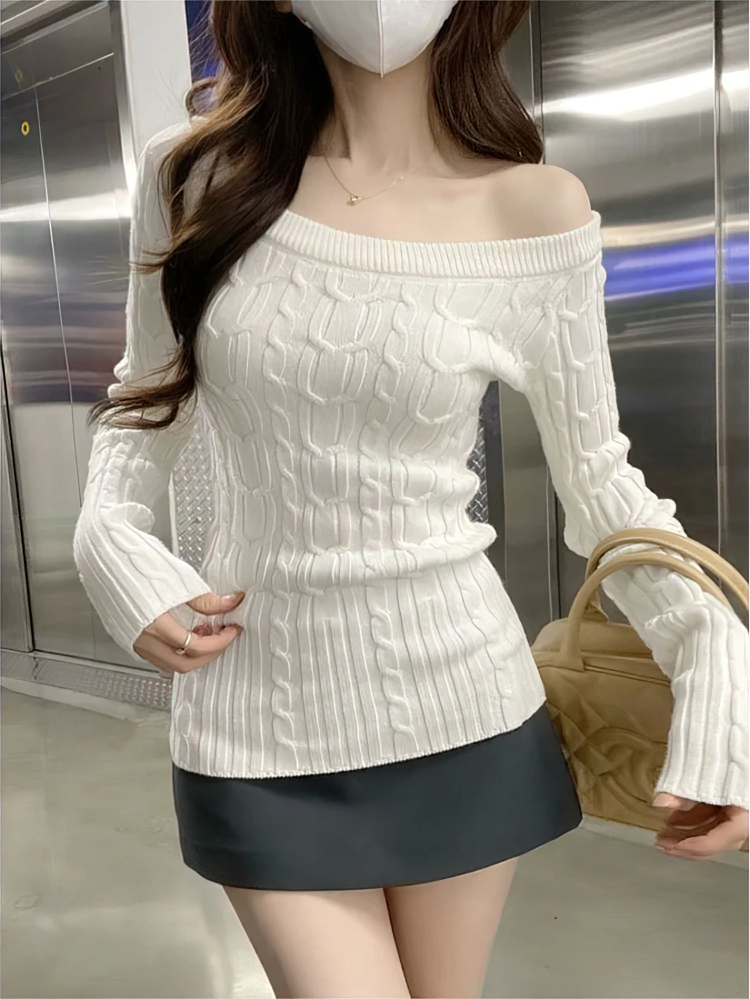 Color: black, Size: L - Casual Off shoulder Rib Knit Sweater Pull Women Long sleeve Top Basic Tees White Slim Pullovers Lady Sexy One Shoulder New