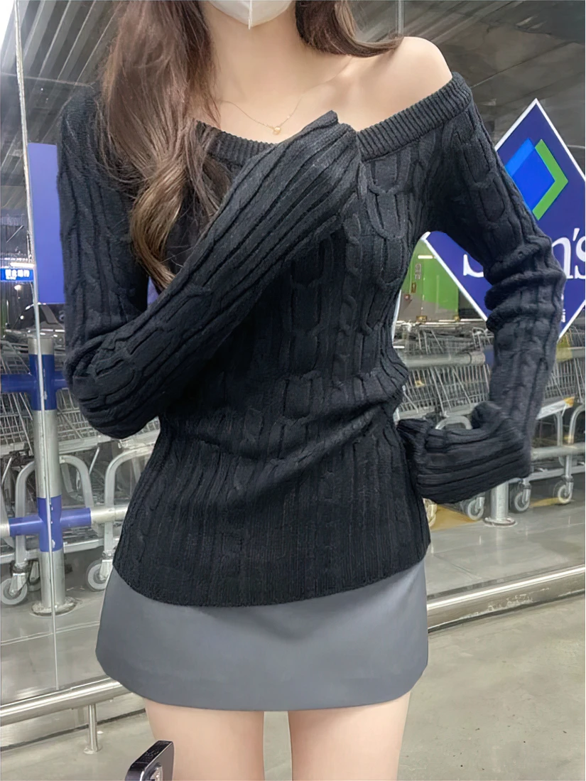 Color: black, Size: L - Casual Off shoulder Rib Knit Sweater Pull Women Long sleeve Top Basic Tees White Slim Pullovers Lady Sexy One Shoulder New
