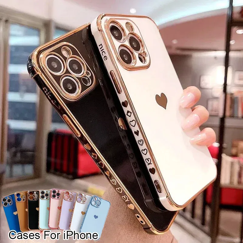 Color: black, Ships From: CN, Material: leather - Electroplating Side Love Heart Phone Case For IPhone 16 15 14 13 12 11 Pro Max XR 8 Plus SE2/SE3 Shockproof Back Cover