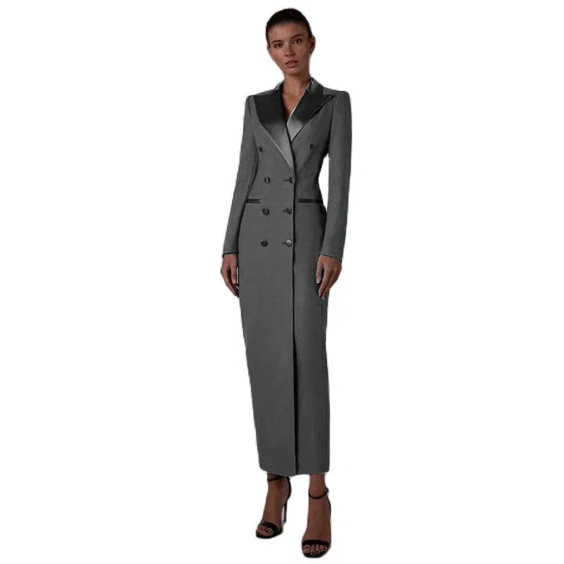 Color: Navy Blue, Size: M - Women's Suit Long Jacket One Piece Blazer Double Breasted Formal Tuxedo Party Dress кос?‚юм ?¶?µнский