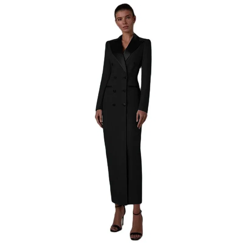 Color: Navy Blue, Size: M - Women's Suit Long Jacket One Piece Blazer Double Breasted Formal Tuxedo Party Dress кос?‚юм ?¶?µнский