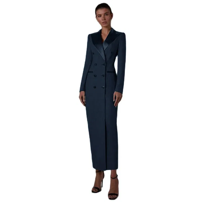 Color: Navy Blue, Size: M - Women's Suit Long Jacket One Piece Blazer Double Breasted Formal Tuxedo Party Dress кос?‚юм ?¶?µнский