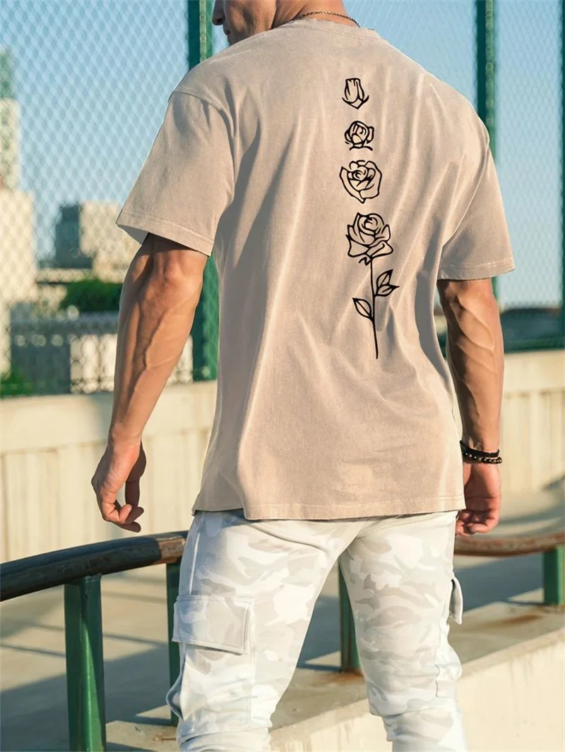 Color: black, Size: XS - Men's Summer Loose Fit 100 Cotton Rose pattern Print T-shirt Tops