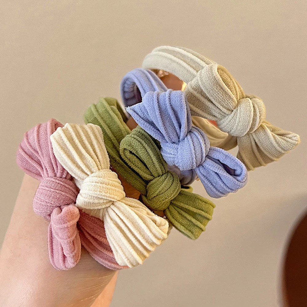 Color: Silver - 5pcs/Set Simple Bow Hair Ties Ropes Colorful Elastic Seamless Ponytail Holder Rubber Band For Toddler Girls