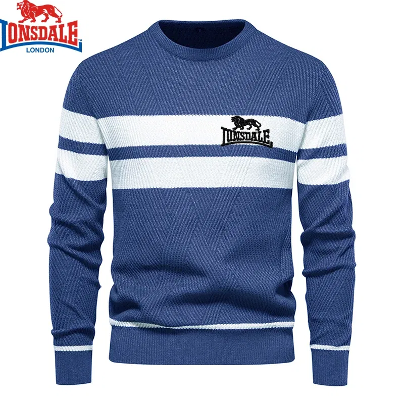 Color: SKY BLUE, Size: XL - Embroidered LONSDALE Mens Boys Winter Stripe Sweater Thick Warm Pullovers Men's O-neck Basic Casual Slim Comfortable Sweaters