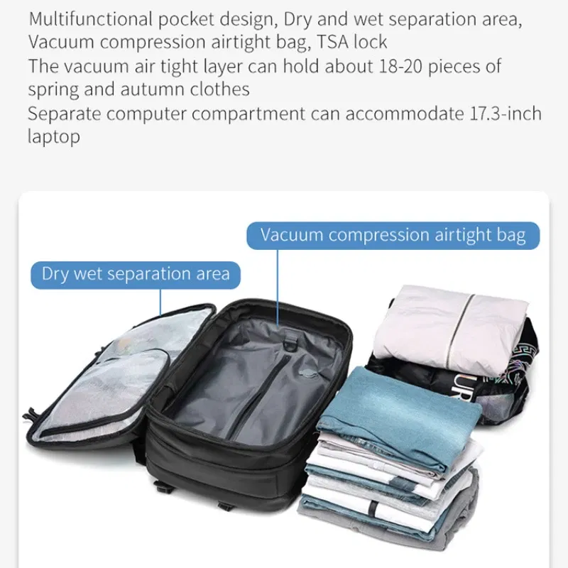 Color: GRAY - Airback Vacuum Compression Backpack with Vacuum Pump 60L Expandable Travel Backpack for Men Women Airline Approved Business Bag