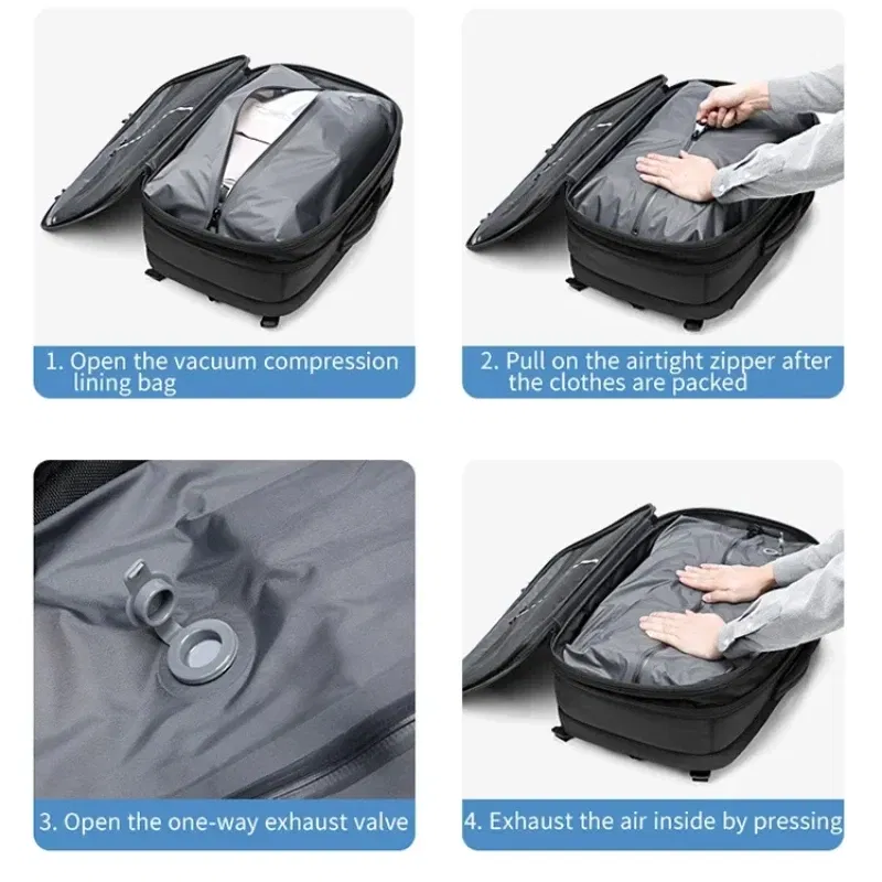 Color: GRAY - Airback Vacuum Compression Backpack with Vacuum Pump 60L Expandable Travel Backpack for Men Women Airline Approved Business Bag