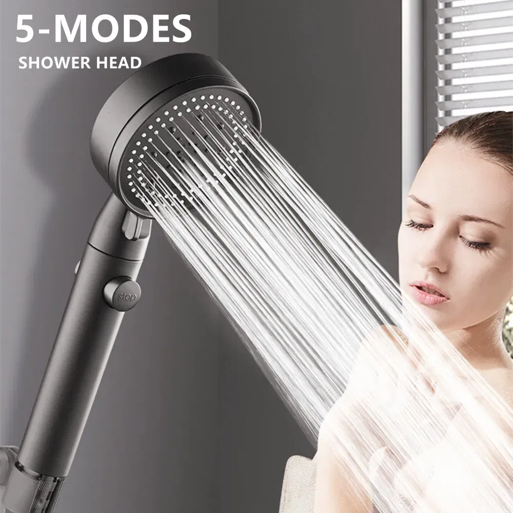 Color: Green - High Pressure Shower Head 5 Modes Adjustable Showerheads with Hose Water Saving One-Key Stop Spray Nozzle Bathroom Accessories