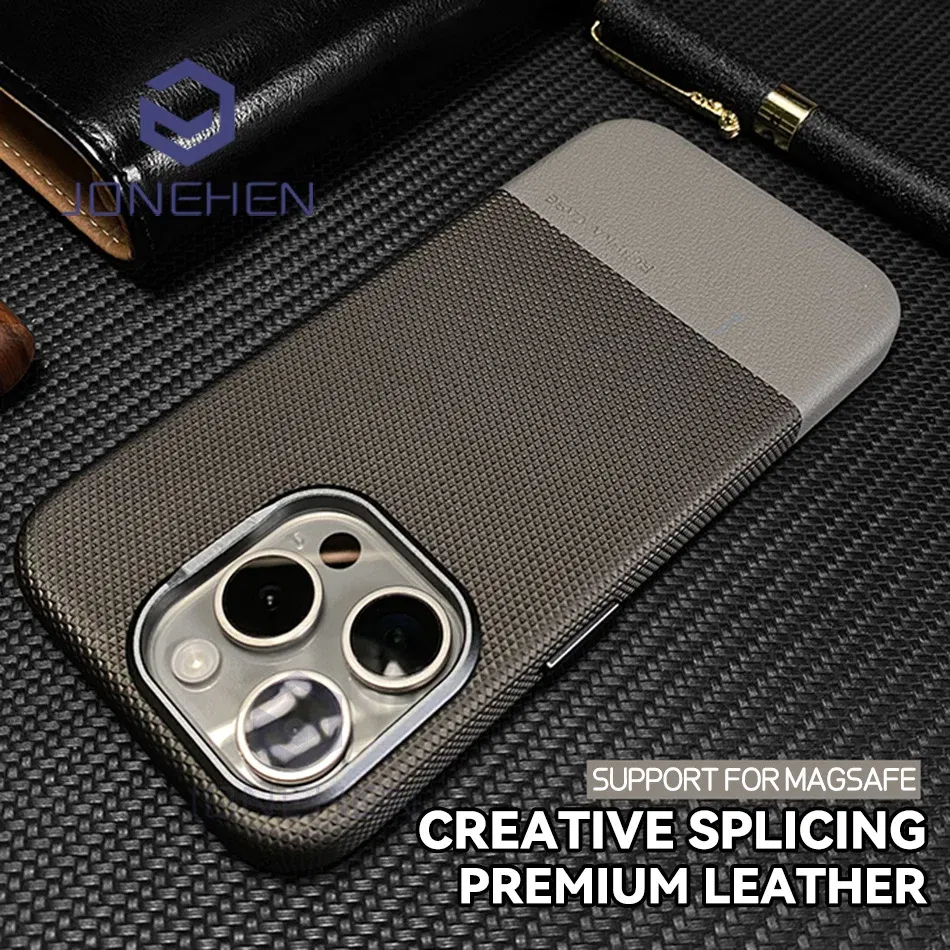Color: black, Material: Genuine leather - Luxury Hit Color Wireless Charge For MagSafe Premium Leather Case For iPhone 16 Plus 15 14 13 Pro Max Alloy Len Shockproof Cover