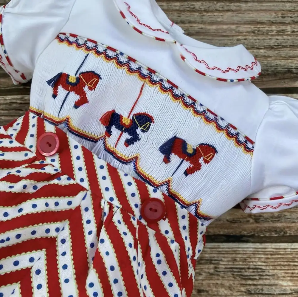 Kid Size: 6M - 0-3Y Boy Summer White Horse Smocked Outfit Suit A11