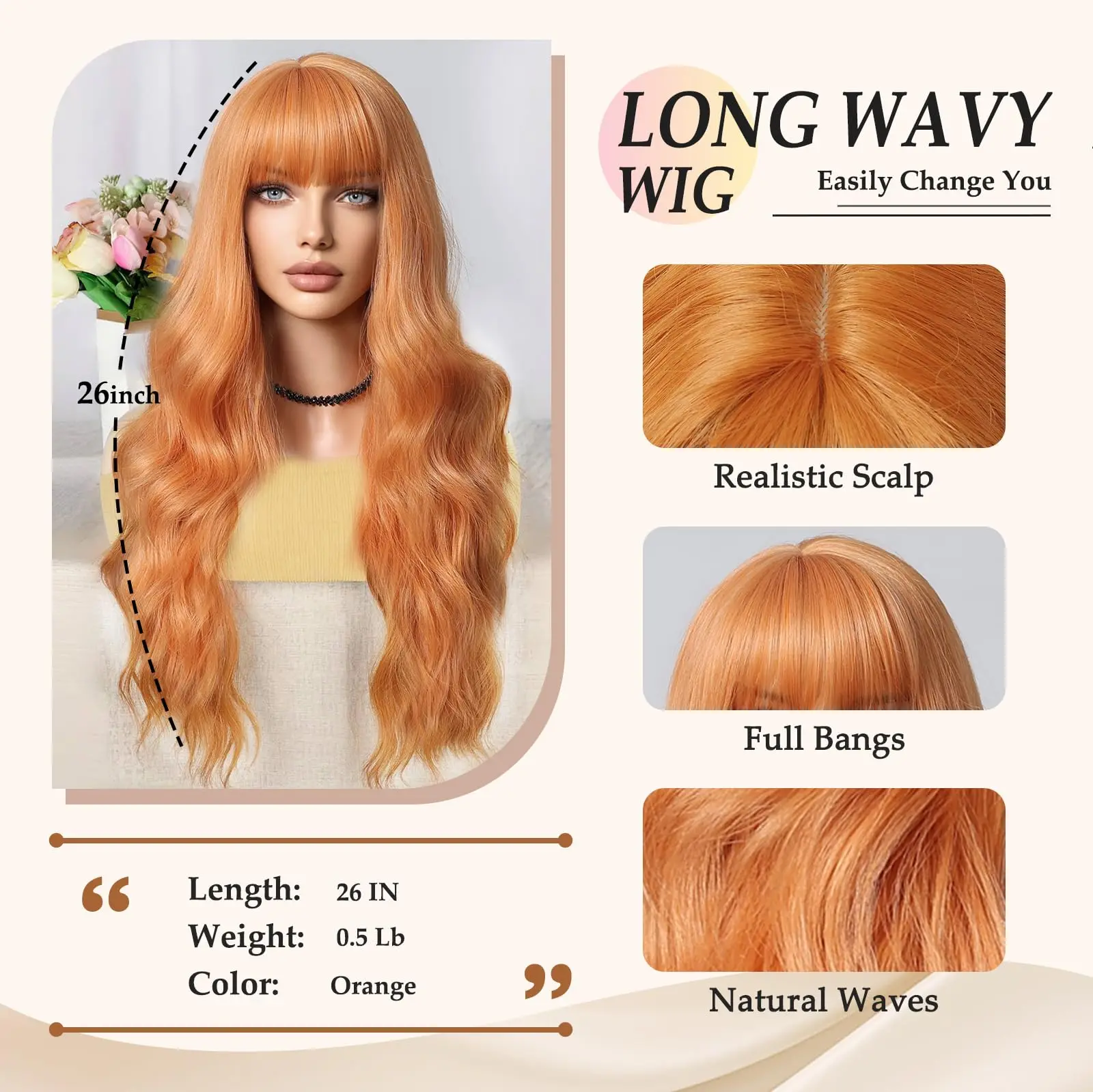Color: #31 - Orange synthetic wig with big waves for party, Halloween cosplay, daily use wig, high-temperature hair accessory