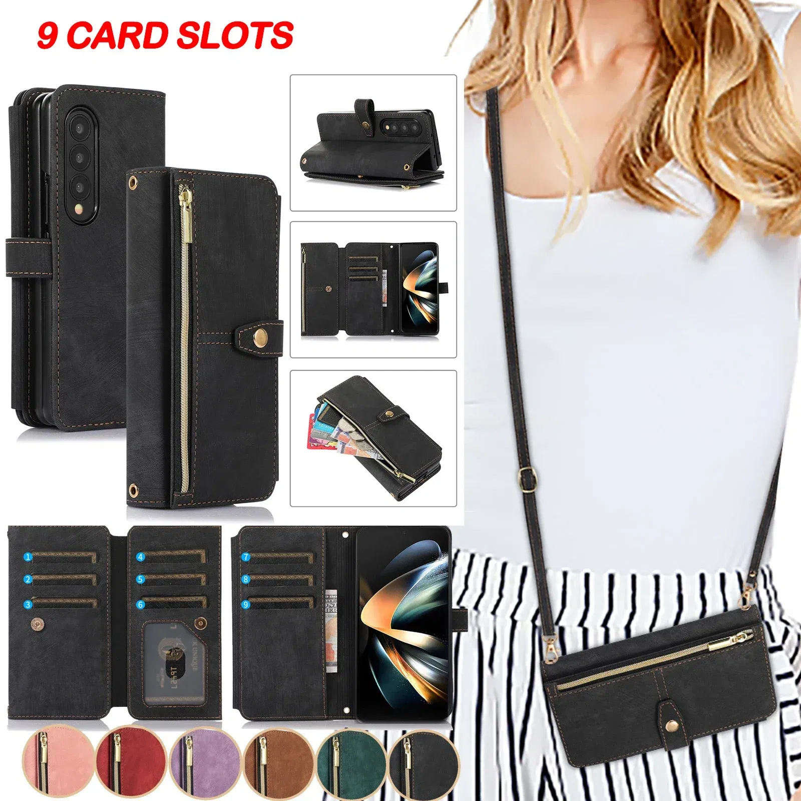 Color: Blue, Material: aluminum - Crossbody Wallet Phone Case for Samsung Galaxy Z Fold 6 5 4 3 Fold5 Fold4 Fold6 5G Card Holder Stand Lanyard Flip Leather Cover