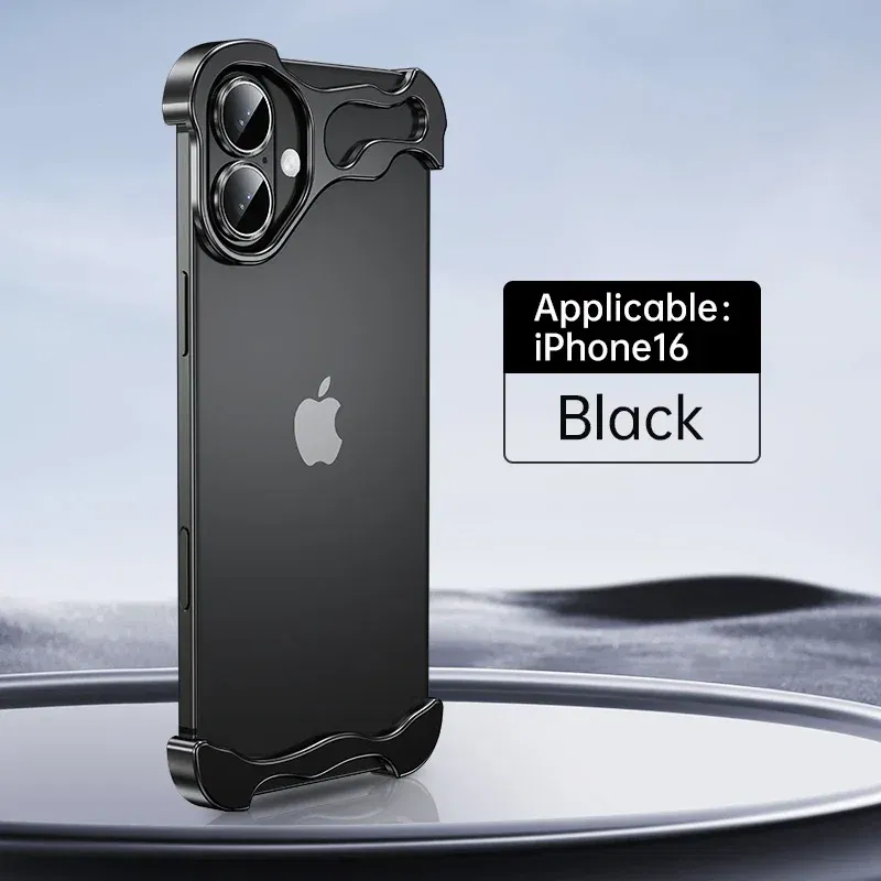 Color: Silver, Material: CANVAS - Aluminum Metal Rimless Phone Case for iPhone 16 15 14 Plus 13 12 Pro Max Lens Protective Film Hollow Logo Cooling Accessory Case
