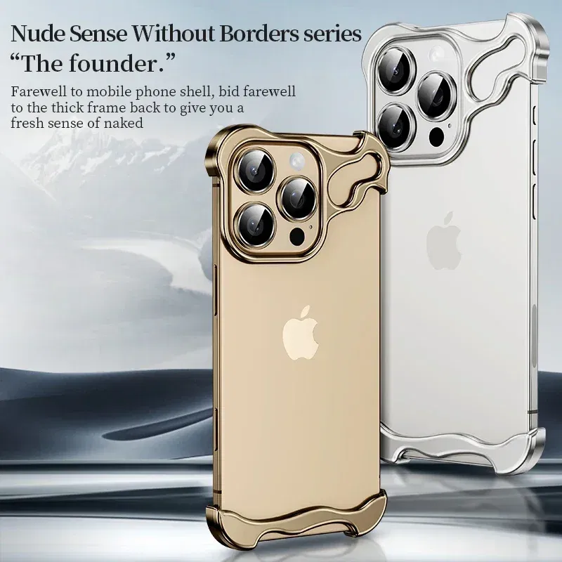 Color: Silver, Material: CANVAS - Aluminum Metal Rimless Phone Case for iPhone 16 15 14 Plus 13 12 Pro Max Lens Protective Film Hollow Logo Cooling Accessory Case