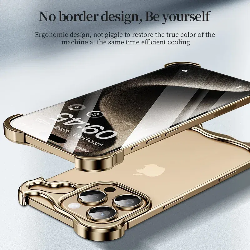 Color: Silver, Material: CANVAS - Aluminum Metal Rimless Phone Case for iPhone 16 15 14 Plus 13 12 Pro Max Lens Protective Film Hollow Logo Cooling Accessory Case