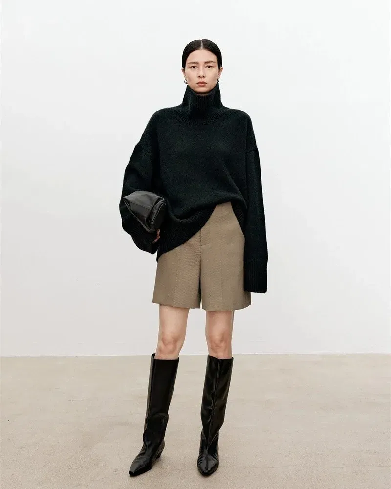 Color: Dark Grey, Size: L, Ships From: CHINA - Turtleneck pure cashmere sweater female loose and thick languid lazy wind pullover sweater knitting base WOOL sweater