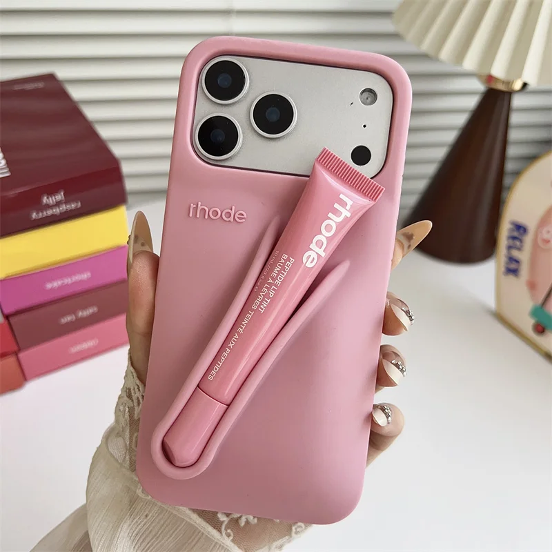 Material: CANVAS, Color: SKY BLUE, Bundle: Bundle1 - With Lipstick Phone Case for iPhone 17 13 14 15 16 17 Pro Max Plus 12 17 Air Silicone Lip Gloss Holder Hot INS Soft Cover Funda