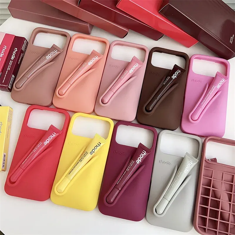 Material: CANVAS, Color: SKY BLUE, Bundle: Bundle1 - With Lipstick Phone Case for iPhone 17 13 14 15 16 17 Pro Max Plus 12 17 Air Silicone Lip Gloss Holder Hot INS Soft Cover Funda