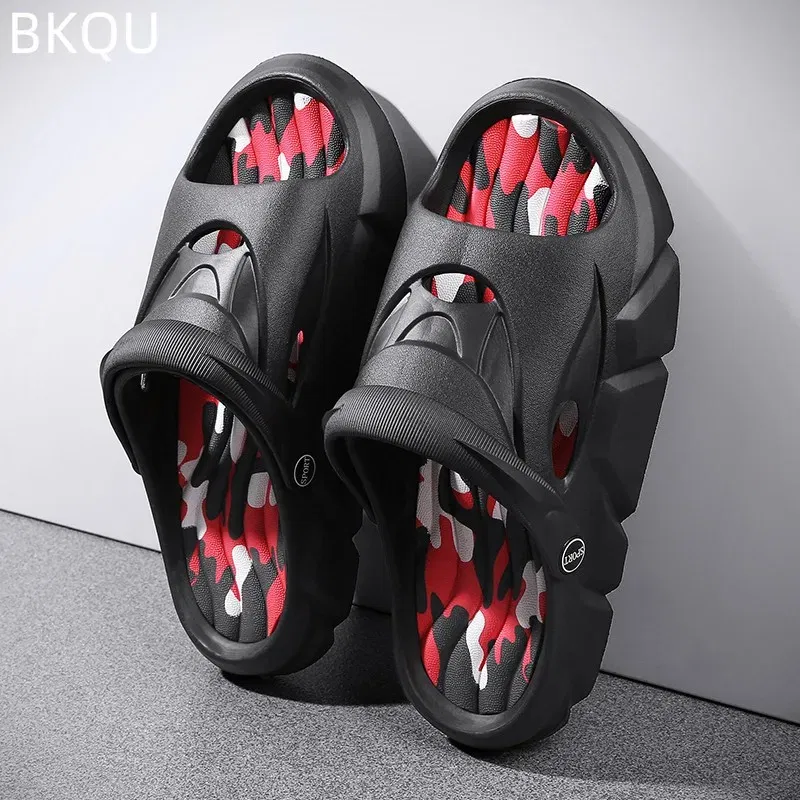 Color: GRAY, Shoe Size: 40 - Men's Beach Slippers Round Toe Lightweight Flat Bottom Waterproof Comfortable Trend Versatile Breathable Non-slip Large Size