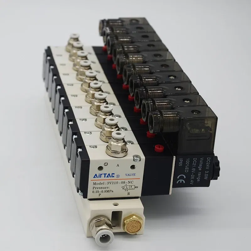 Color: Beige, Specification: 2" - 3V210-08 Manifold Station Solenoid Valve  3 port 2 position Multi-way Combination DC12V 24V AC220V With Fitting Solenoid Valves