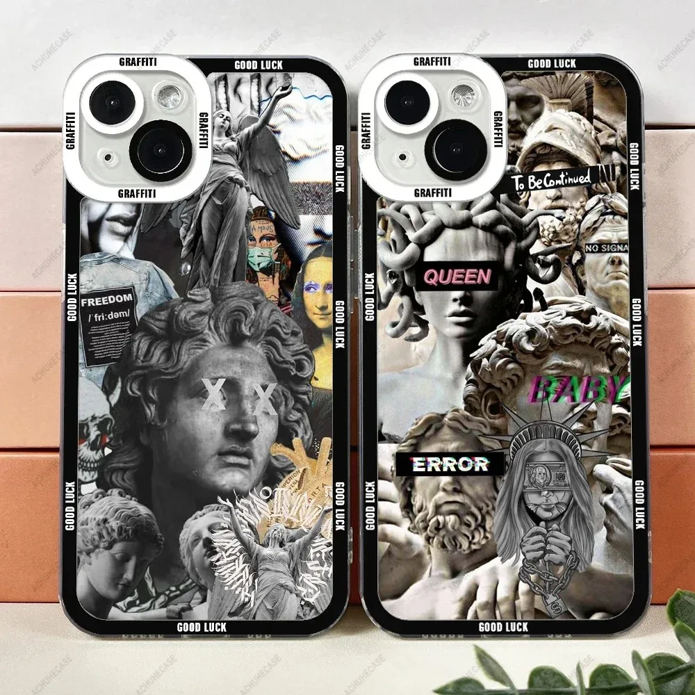 Color: Brown, Material: ABS - Aesthetic Statue Art Phone Case For iPhone 16 15 14 13 12 11 Pro Max XS X XR Plus Mini Luxury Transparent Soft Funda