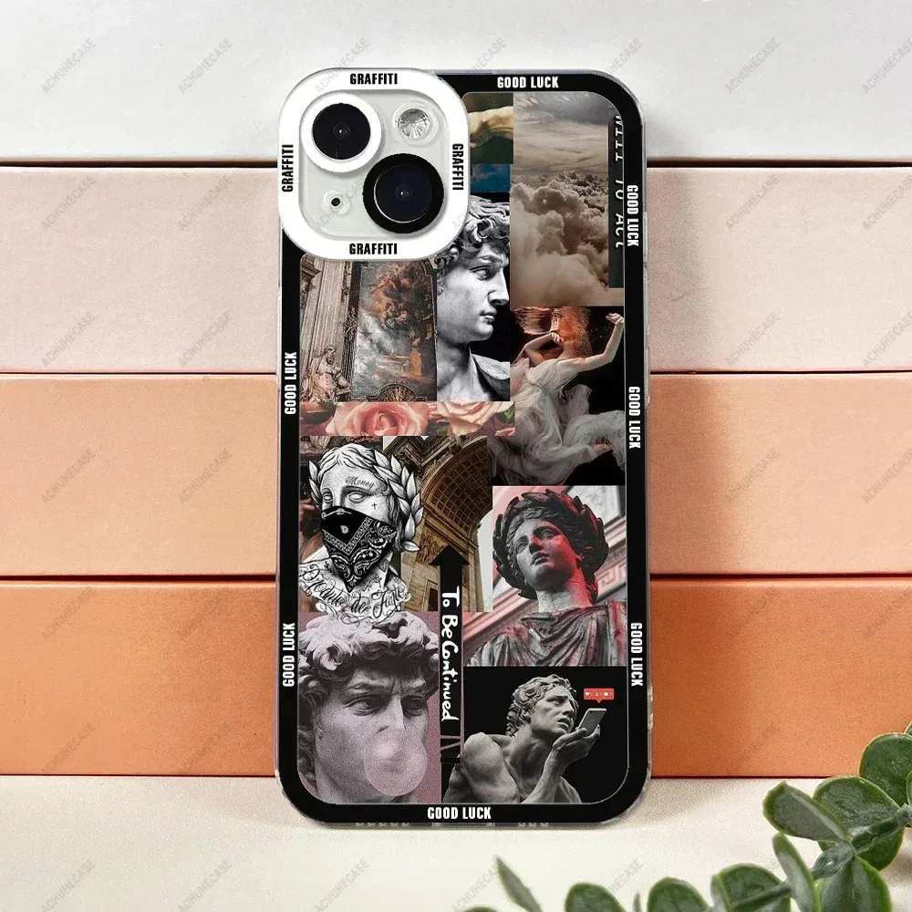 Color: Brown, Material: ABS - Aesthetic Statue Art Phone Case For iPhone 16 15 14 13 12 11 Pro Max XS X XR Plus Mini Luxury Transparent Soft Funda