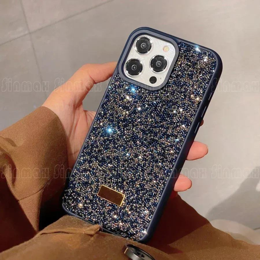 Color: Dark Blue, Material: CANVAS - Luxury Glitter Designed Shell For iPhone 16 15 Pro Max 14 13 12 Luxurious Bling Sparkling Rhinestone Diamond Jewels Cover Case