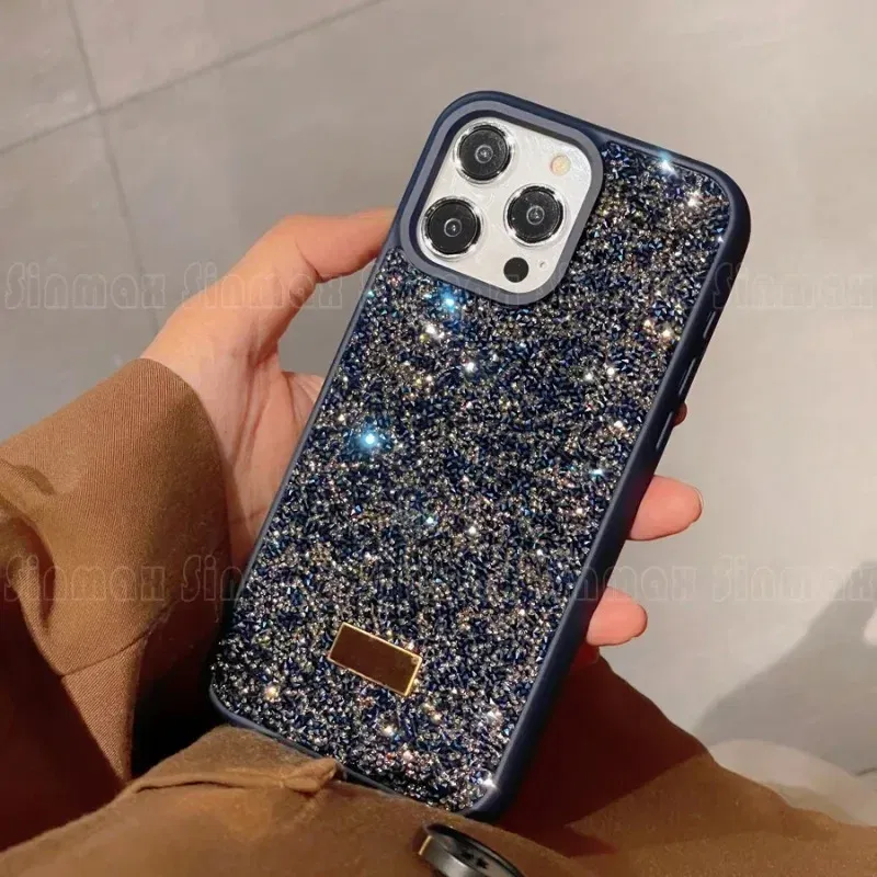 Color: Dark Blue, Material: CANVAS - Luxury Glitter Designed Shell For iPhone 16 15 Pro Max 14 13 12 Luxurious Bling Sparkling Rhinestone Diamond Jewels Cover Case