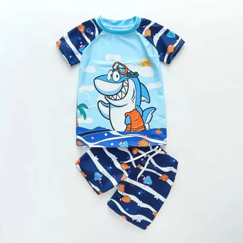 Size: 5T, Color: Blue - Summer Children's Swimsuit Boys Split Short Sleeve Medium Children Cartoon Cute Quick Drying Boys Swimsuit Set
