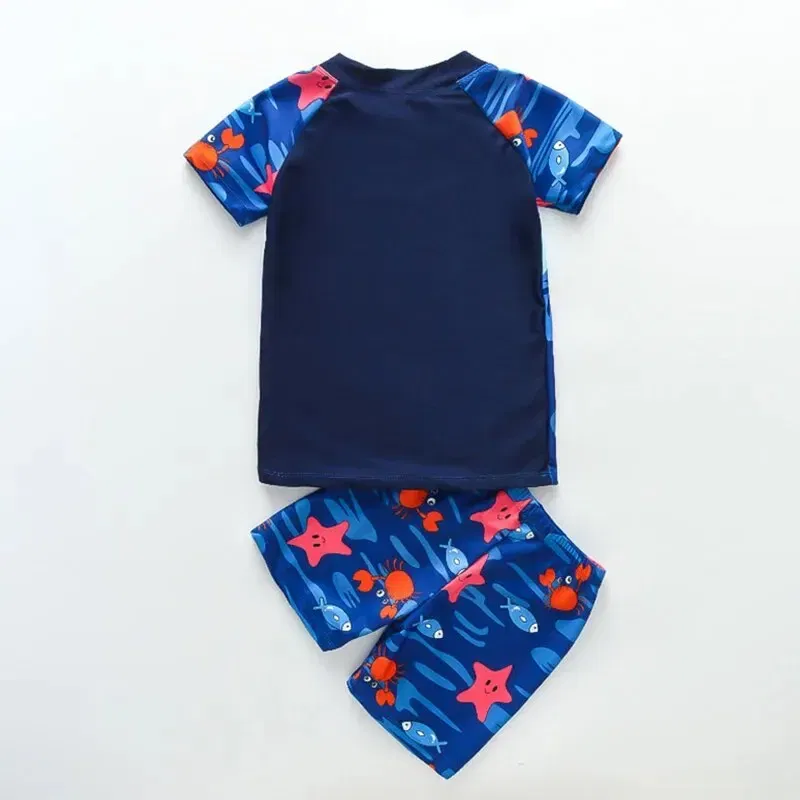 Size: 5T, Color: Blue - Summer Children's Swimsuit Boys Split Short Sleeve Medium Children Cartoon Cute Quick Drying Boys Swimsuit Set