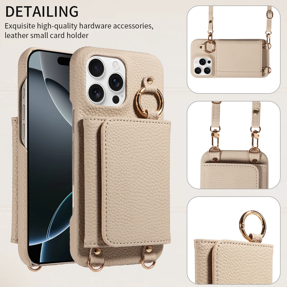 Color: Khaki, Bundle: Case & Strap, Material: Artificial Leather, Compatibility by Model: iPhone 16 Pro Max - For IPhone16 15 Pro Max 14 13 12 Series PU Leather Magsafe Magnetic Wireless Charging Shockproof Crossbody Wallet Phone Case