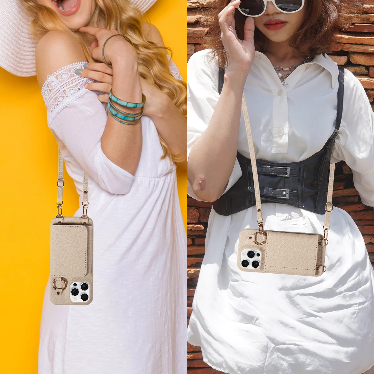 Color: Khaki, Bundle: Case & Strap, Material: Artificial Leather, Compatibility by Model: iPhone 16 Pro Max - For IPhone16 15 Pro Max 14 13 12 Series PU Leather Magsafe Magnetic Wireless Charging Shockproof Crossbody Wallet Phone Case