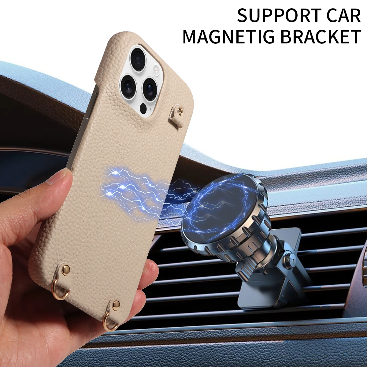 Color: Khaki, Bundle: Case & Strap, Material: Artificial Leather, Compatibility by Model: iPhone 16 Pro Max - For IPhone16 15 Pro Max 14 13 12 Series PU Leather Magsafe Magnetic Wireless Charging Shockproof Crossbody Wallet Phone Case