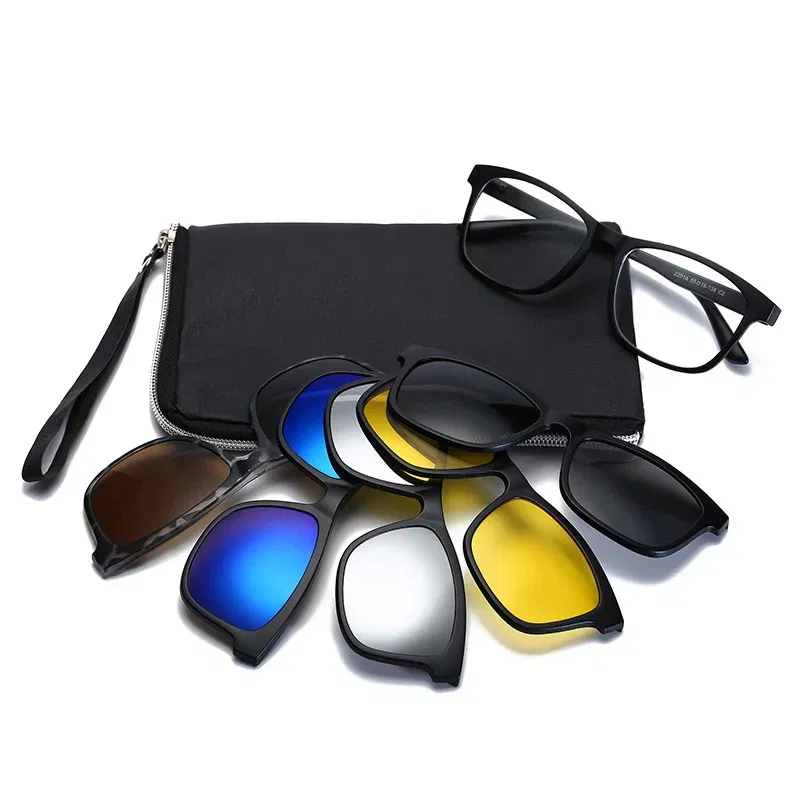 Lenses Color: Burgundy, Ships From: CHINA, Frame Color: WHITE - 6 In 1 Spectacle Frame Men Women With 5 PCS Clip On Polarized Sunglasses Magnetic Glasses Male Computer Optical 2201