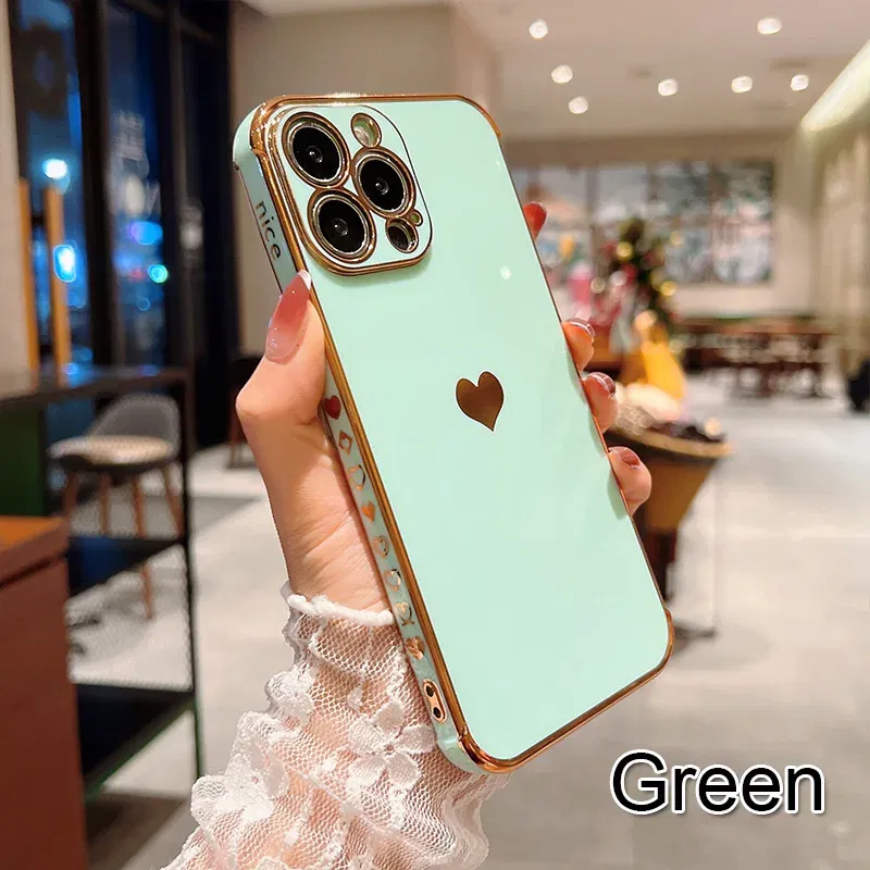 Color: Blue, Ships From: CN, Material: aluminum - Electroplating Side Love Heart Phone Case For IPhone 16 15 14 13 12 11 Pro Max XR 8 Plus SE2/SE3 Shockproof Back Cover