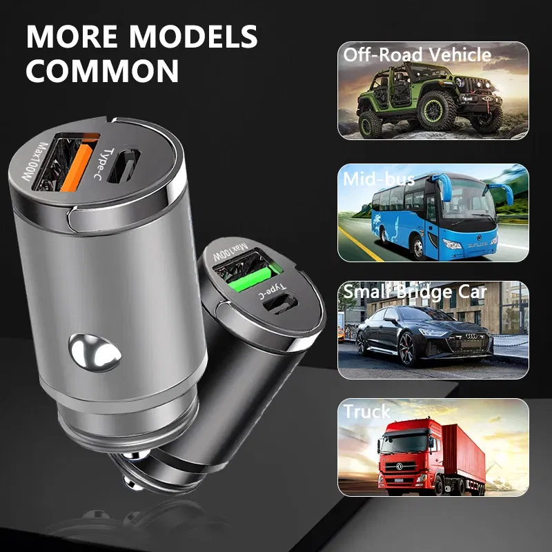 Plug Type: AU - Mini 100W USB Car Charger Dual Ports Pull Ring Fast Charge Type C PD Car Adapter For iphone Samsung Huawei Xiaomi iPad