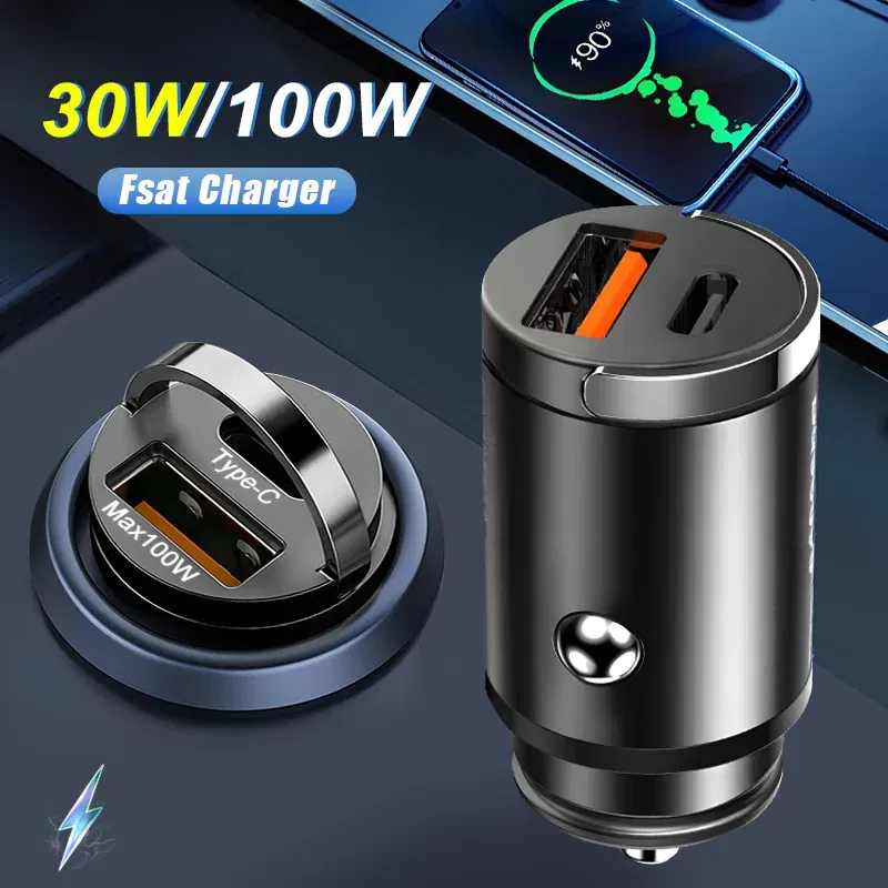 Plug Type: AU - Mini 100W USB Car Charger Dual Ports Pull Ring Fast Charge Type C PD Car Adapter For iphone Samsung Huawei Xiaomi iPad