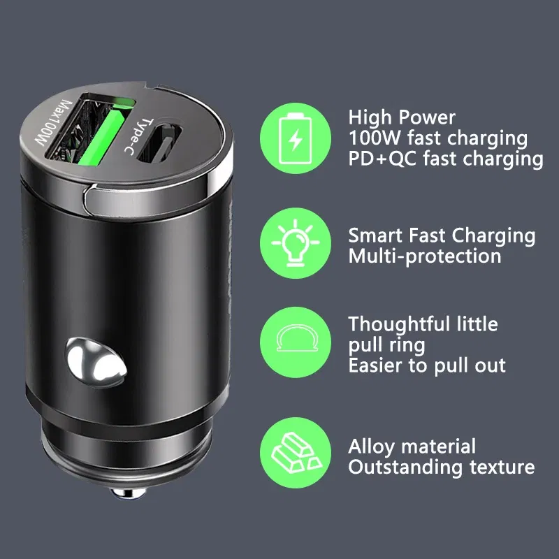 Plug Type: AU - Mini 100W USB Car Charger Dual Ports Pull Ring Fast Charge Type C PD Car Adapter For iphone Samsung Huawei Xiaomi iPad