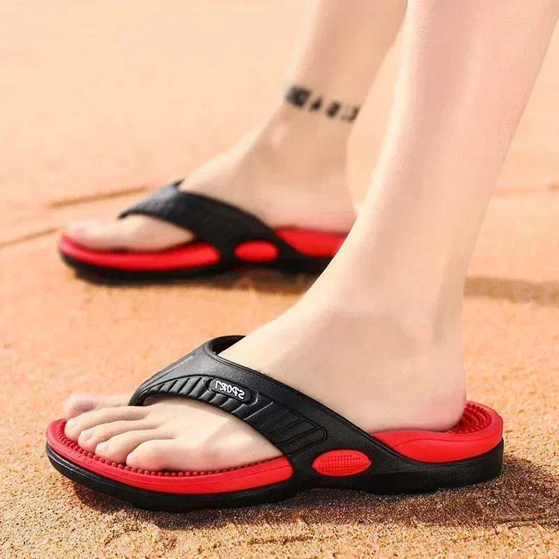 Color: Red, Shoe Size: 42 - Massage Flip Flops for Men Summer Breathable Beach Shoes Sandals 46 Men Luxury Flip Flops Breathable Plus Big Size Men Slippers