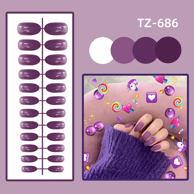 Color: Shocking Pink - 24Pcs/Set Long Round Head Bright Solid Color Press On Acrylic Nail Art Fake Nails Finished Wearing Manicure Reusable False Nails