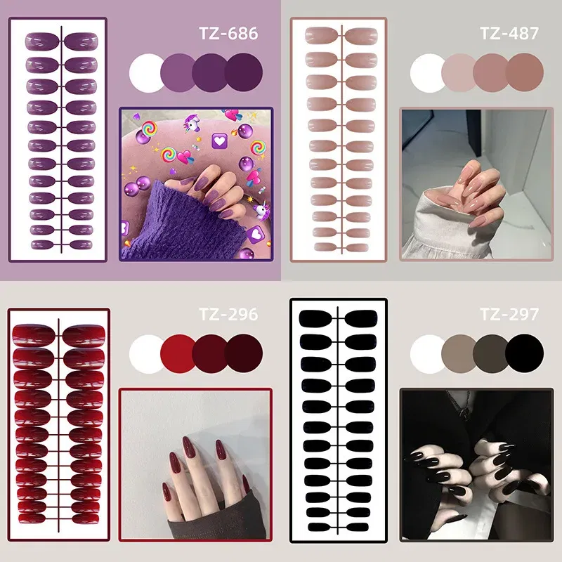 Color: Shocking Pink - 24Pcs/Set Long Round Head Bright Solid Color Press On Acrylic Nail Art Fake Nails Finished Wearing Manicure Reusable False Nails